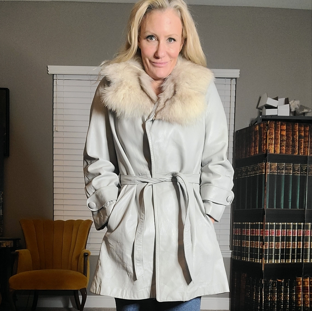 Women Vintage Grey Long Leather Fur Coat